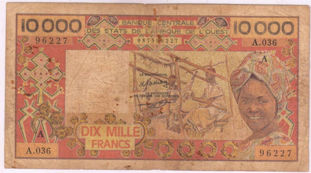 IVORY COAST , West African States 10000 frs 1990 used currency note