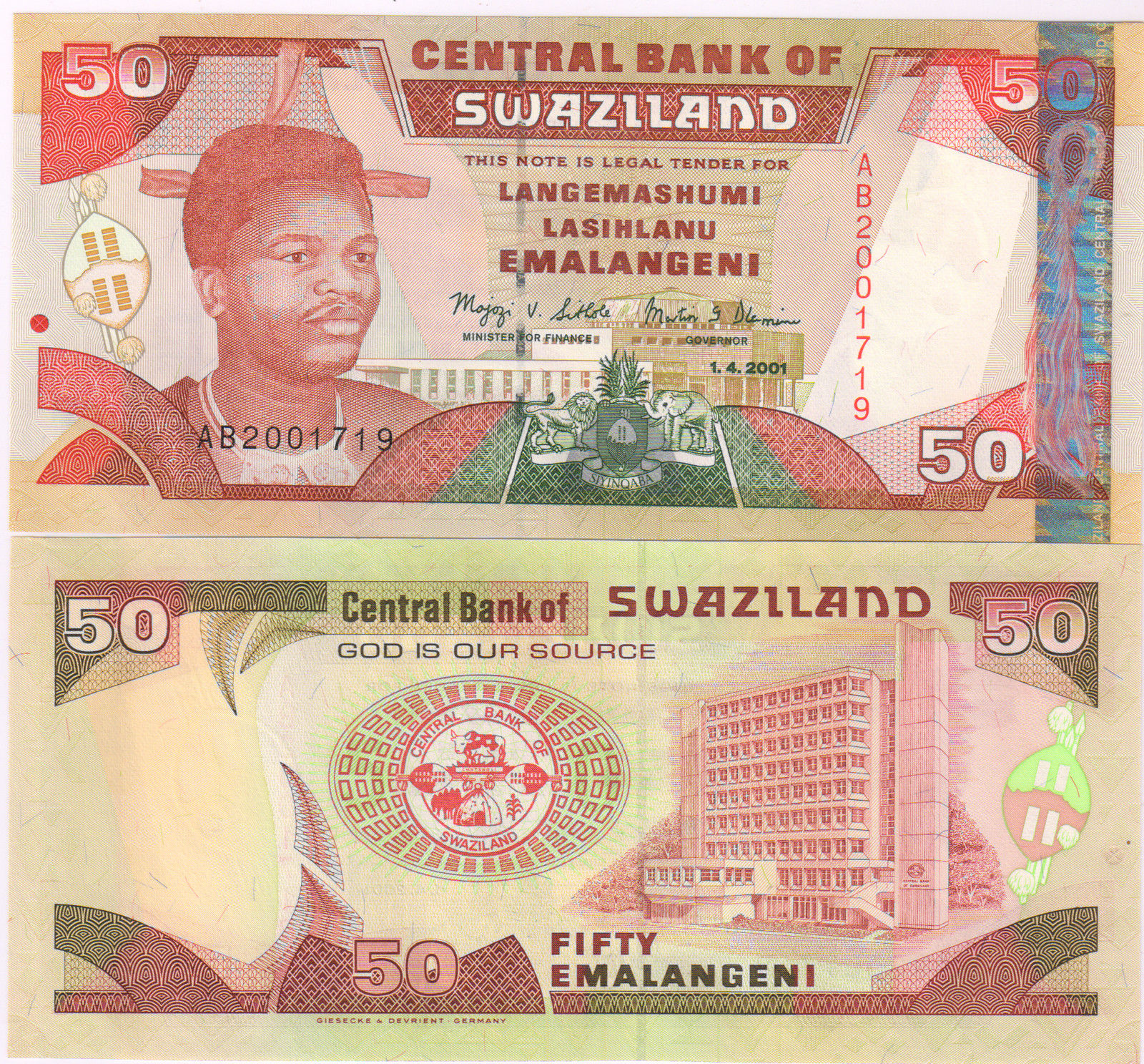 Swaziland Central Bank 2001 50 Lilangeni Unc Currency Note