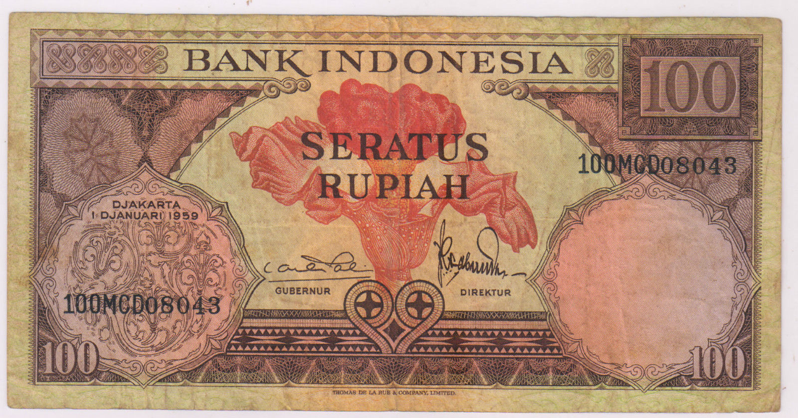  INDONESIA  P 69 100 RUPIAH 1959 used currency  note  KB 